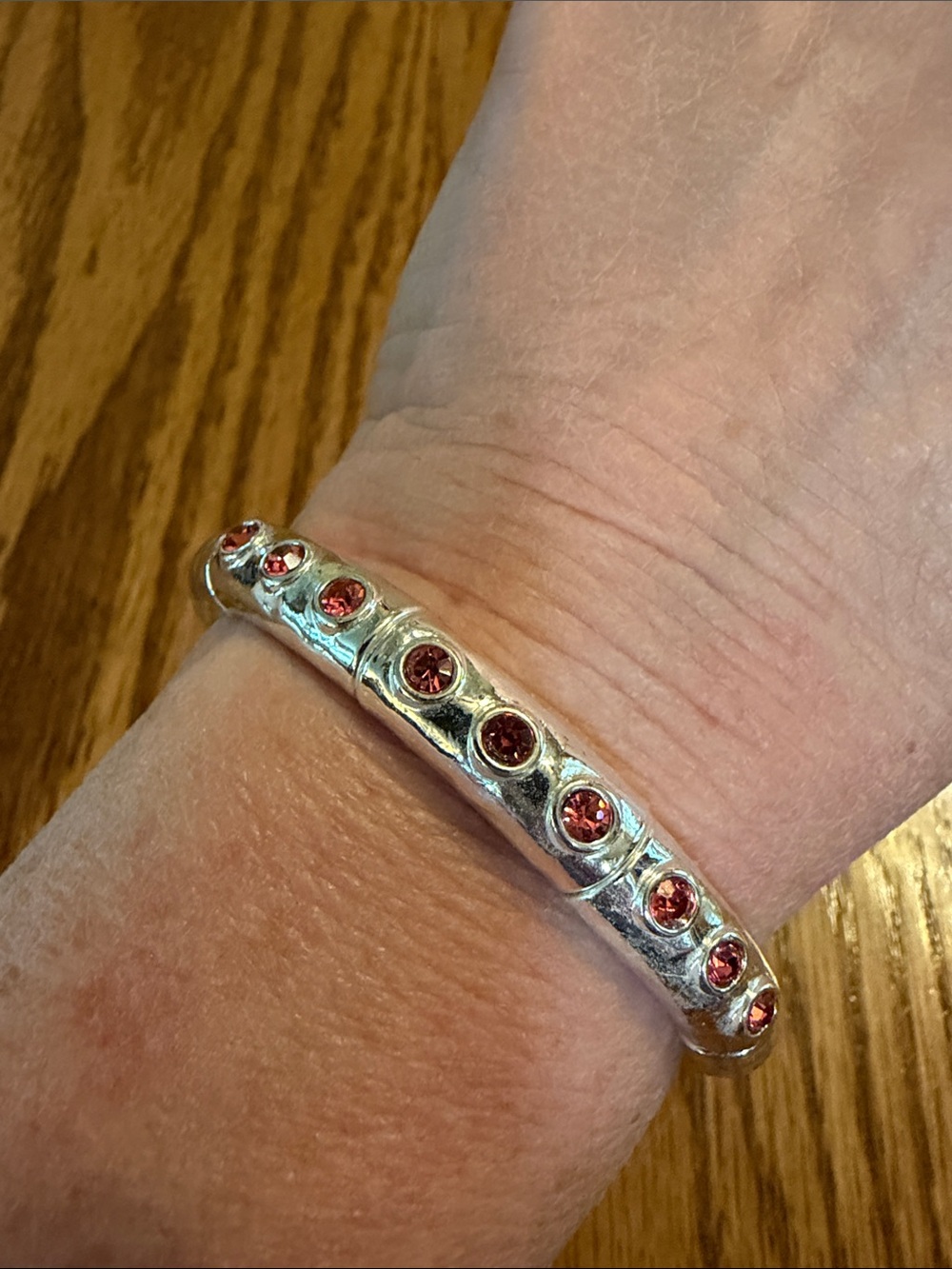 Silver Bangle Bracelet with Pink Stones